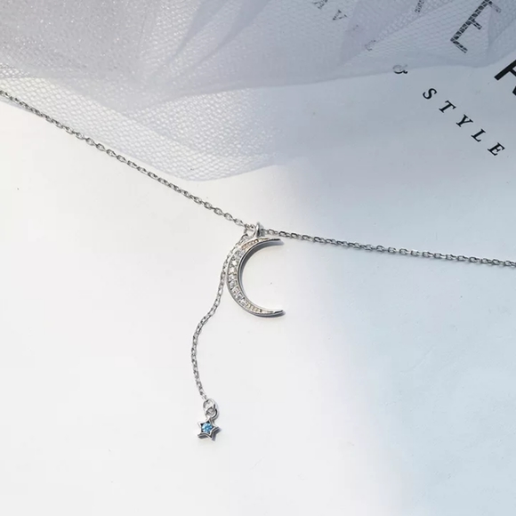 S925 sterling silver crescent moon blue zircon star necklace - Picture 8 of 8